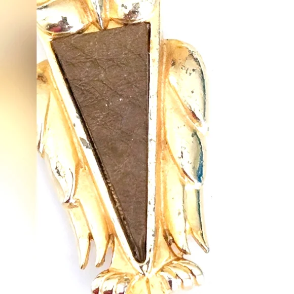 Vintage Goldtone Owl Brooch Leather Accent - Picture 4 of 9